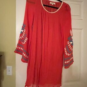 Umgee Red Long Sleeve Dress with Embroidery